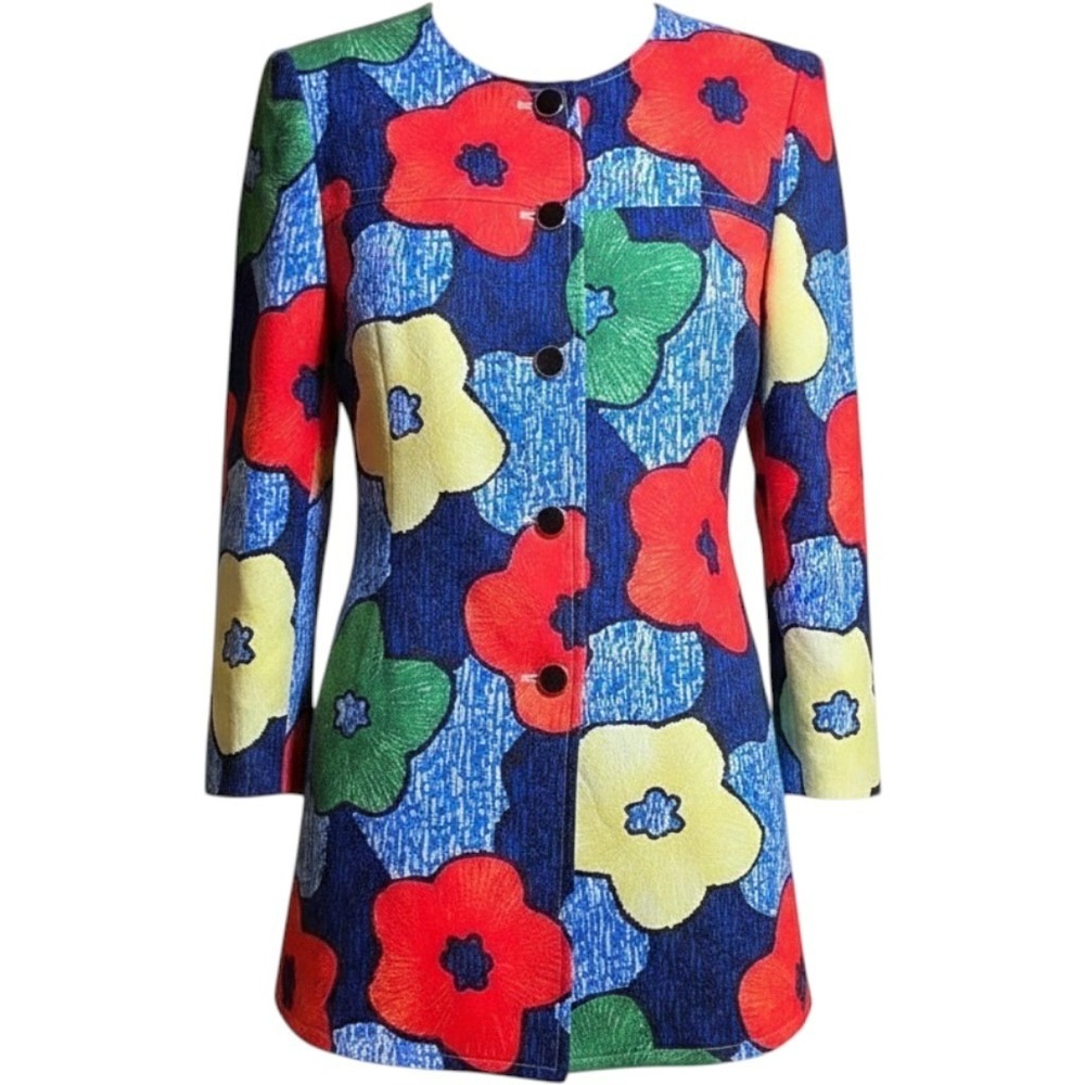 L‎ Ailazi white black multi primary floral bold bright pattern 3/4 coat jacket